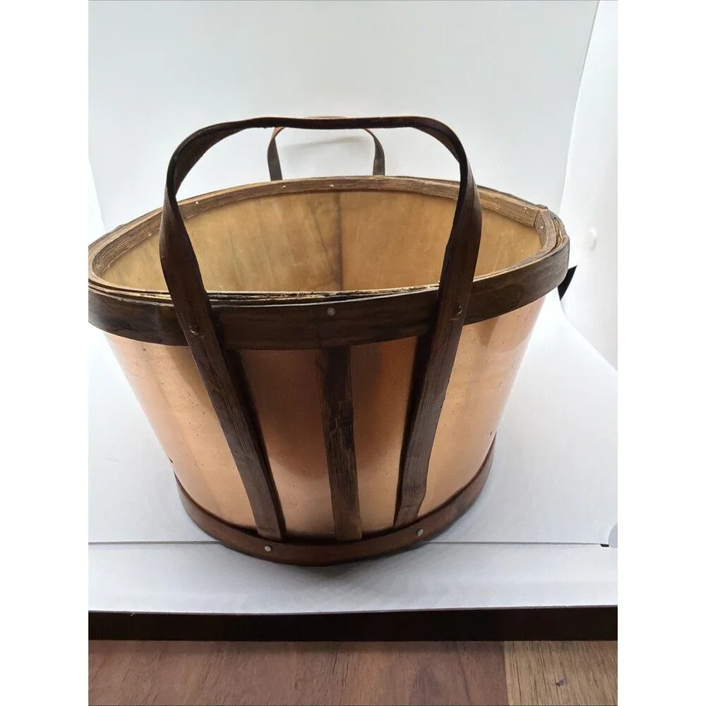 Oval Copper Sided Wood Harvest Plant Basket With End Loop Handles